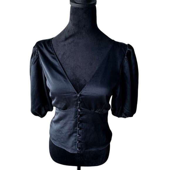 Abercrombie Black Satin Puff Sleeve Blouse Womens XS V-Neck Button - Picture 1 of 6